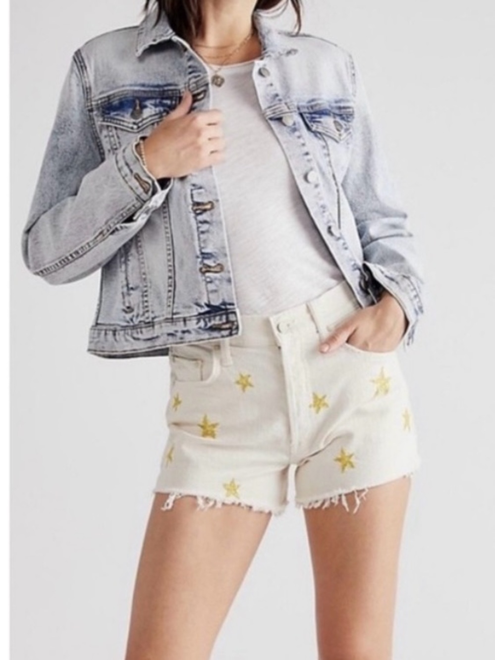 MOTHER The Tomcat Kick Fray Short White with Yellow Stars
